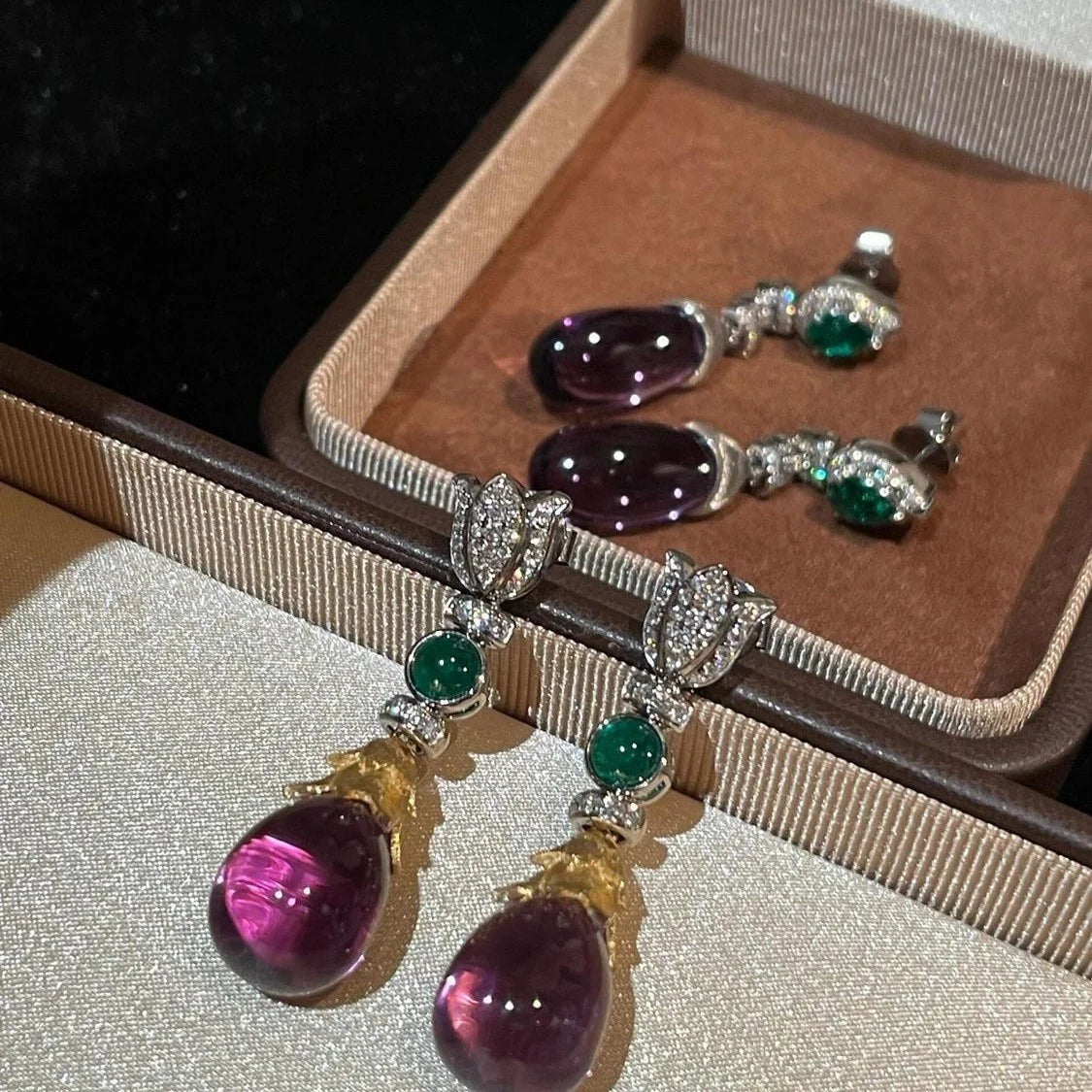 Victorian Era Vintage Brilliant Cut Natural Amethyst/Emerald Ear Drop Dangles Court Style Tassel Gemstone Earrings Retro Jewelry