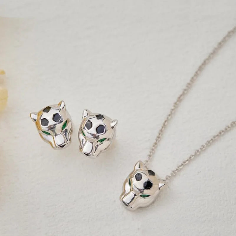 Designer Fashion Style Earrings Necklace Inlay Cubic Zircon Black Enamel Spots Leopard Panther Jewelry Sets