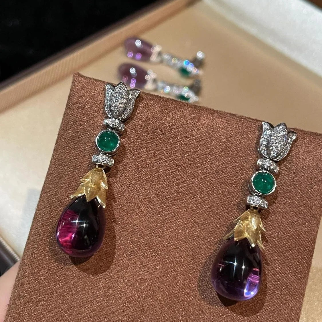 Victorian Era Vintage Brilliant Cut Natural Amethyst/Emerald Ear Drop Dangles Court Style Tassel Gemstone Earrings Retro Jewelry