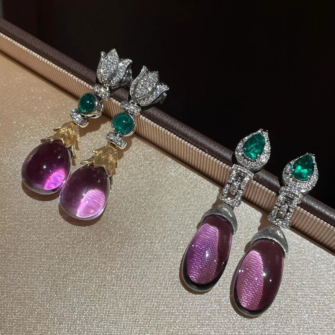 Victorian Era Vintage Brilliant Cut Natural Amethyst/Emerald Ear Drop Dangles Court Style Tassel Gemstone Earrings Retro Jewelry
