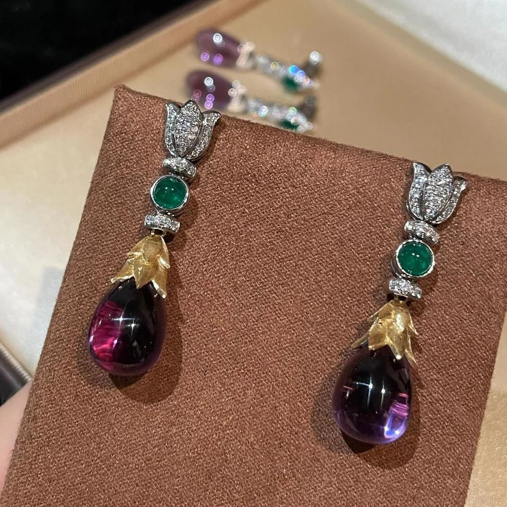 Victorian Era Vintage Brilliant Cut Natural Amethyst/Emerald Ear Drop Dangles Court Style Tassel Gemstone Earrings Retro Jewelry