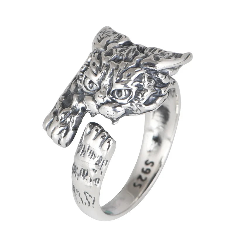Real 925 Sterling Silver Cute Russian Cat Ring For Women Retro Personality Cartoon 3D High-end Jewelry