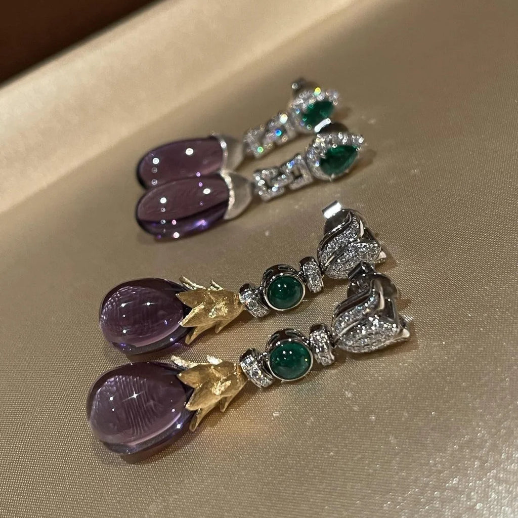 Victorian Era Vintage Brilliant Cut Natural Amethyst/Emerald Ear Drop Dangles Court Style Tassel Gemstone Earrings Retro Jewelry